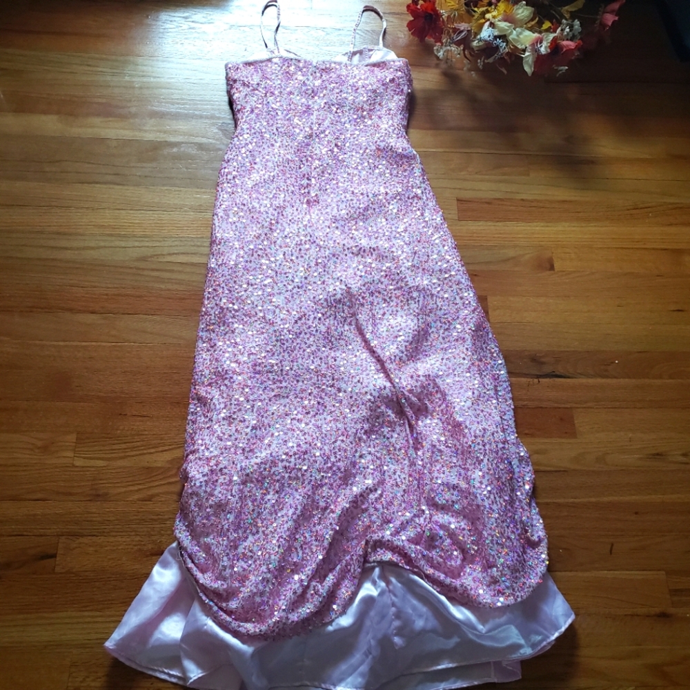 Precious Formal XL Pink Sequin Silk long spaghetti strap lined formal prom dress